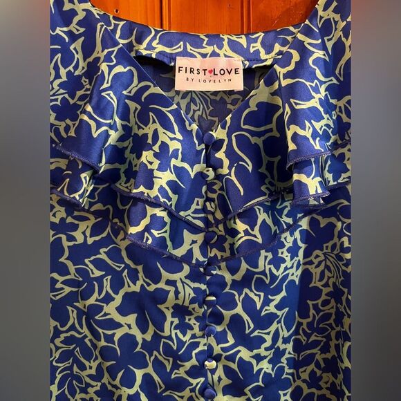 First Love By Lovelyn Floral Ruffle Blouse Green Blue - Picture 4 of 7